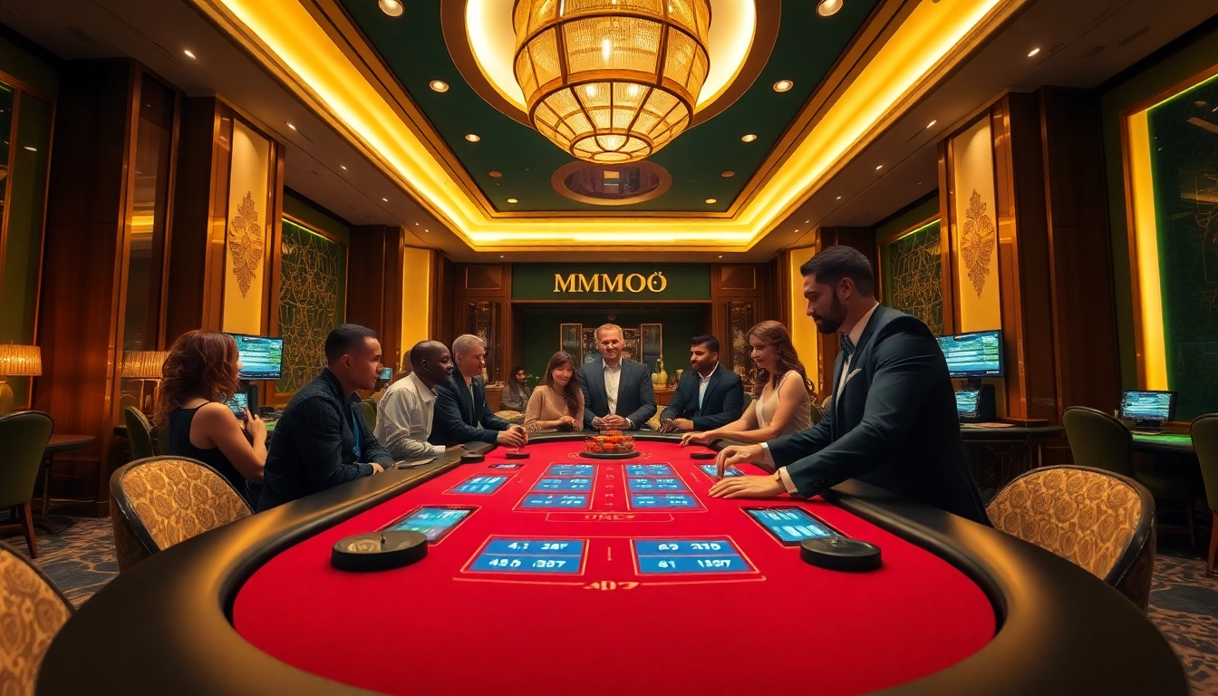 MMOO casino gaming room showcasing excitement and luxury with diverse players and engaging dealers.