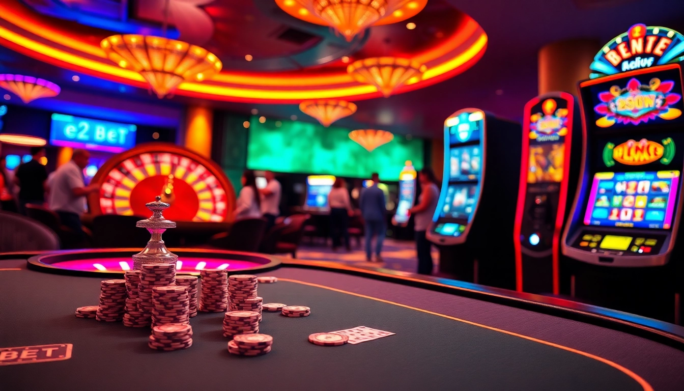 Engaging gamblers at e2bet.com with a vibrant casino scene featuring poker and roulette.