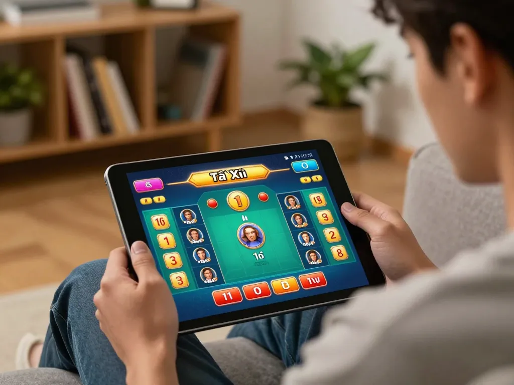 Engaging in tài xỉu online uy tín, a player strategizes during a home gaming session with a vibrant tablet interface.
