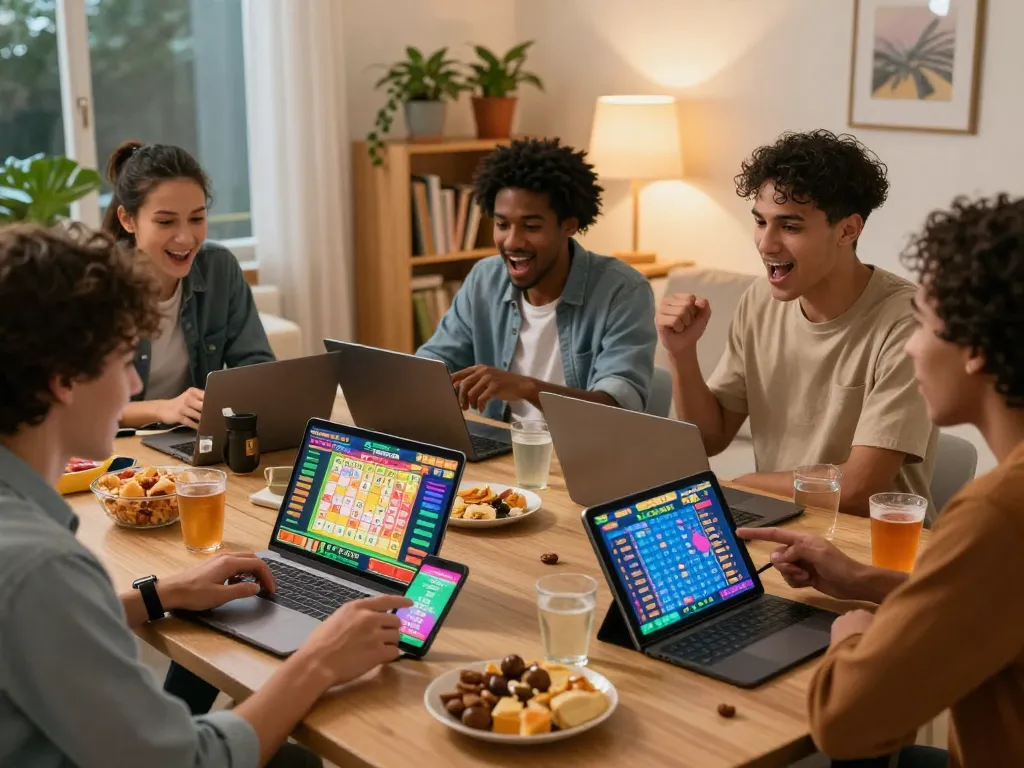 Friends enjoying lô đề online in a lively home setting with gaming devices and snacks.