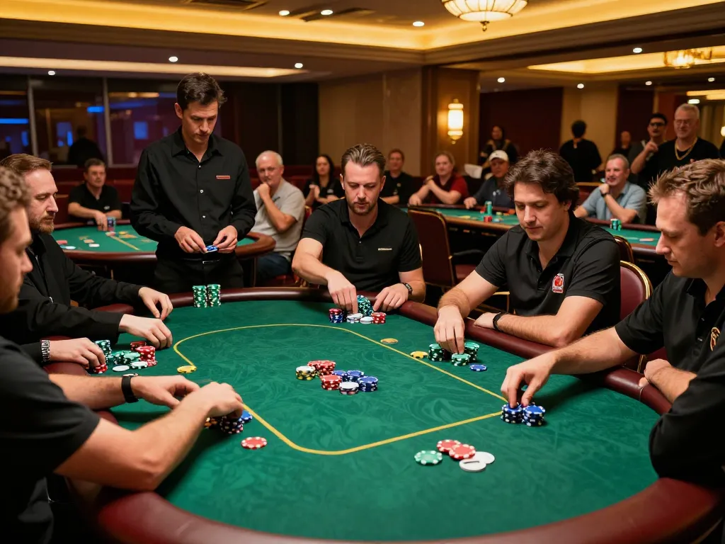 Engaged players strategizing at poker tables, highlighting the atmosphere of https://go8.onl/ with rich colors and dynamic gameplay.