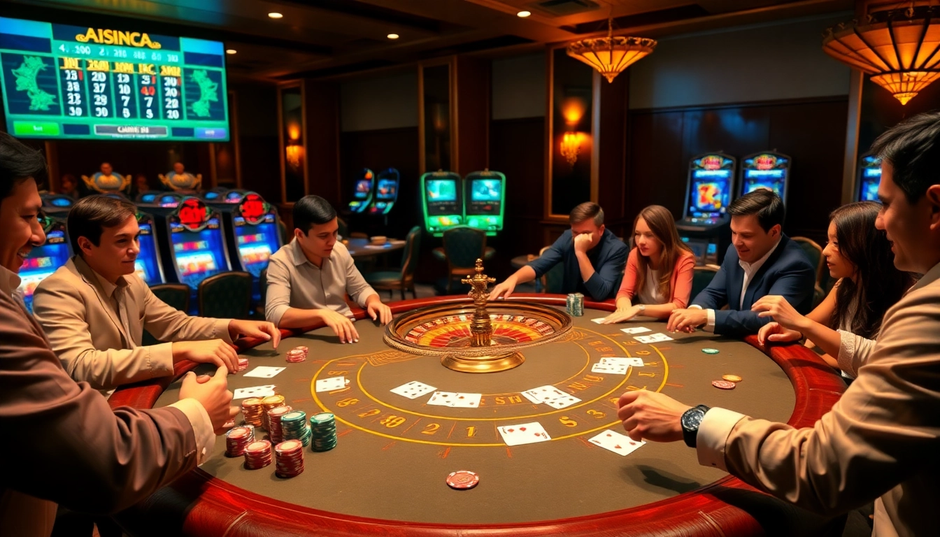 Players enjoying a thrilling poker game at a luxurious casino inspired by https://ok365vi.net/, featuring elegant chips and cards.