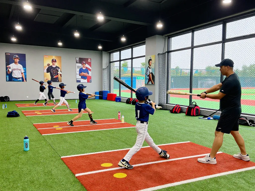 hitclub youth athletes practicing baseball in a vibrant indoor facility