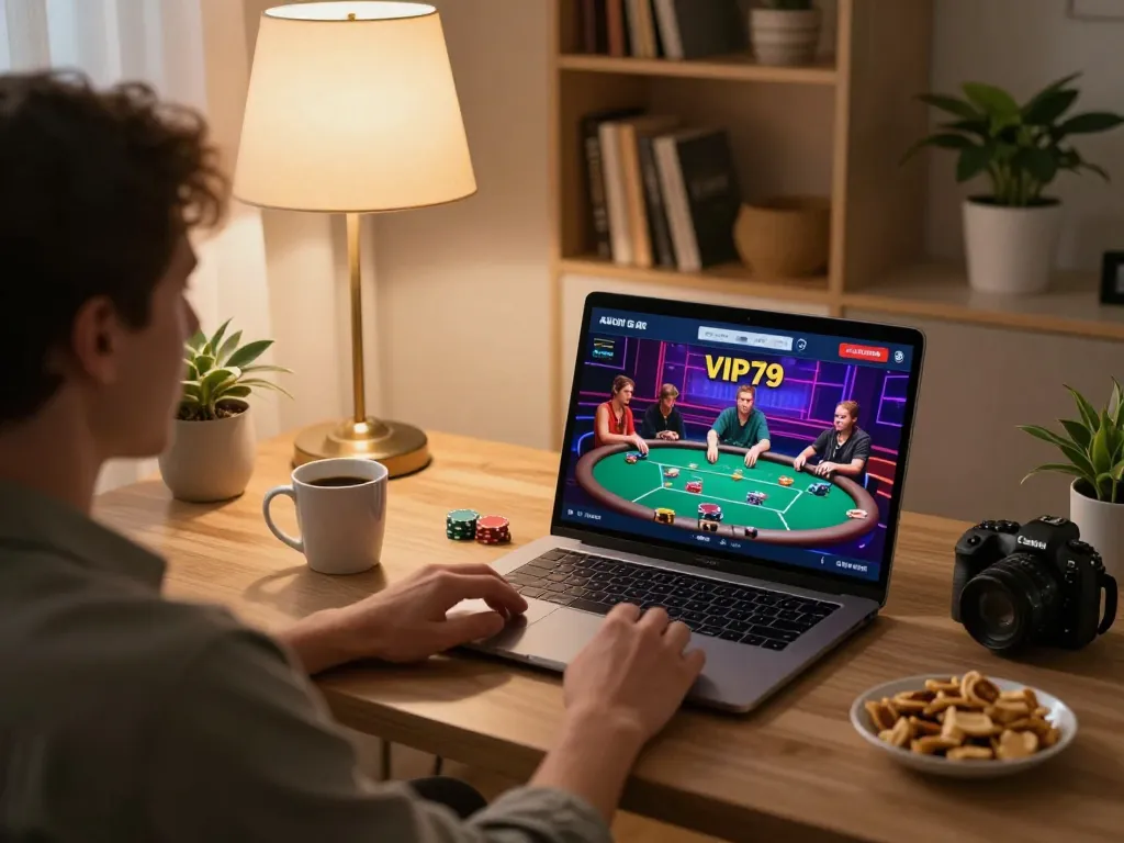 engage in online gaming at VIP79 with a comfortable home setup showing poker interface
