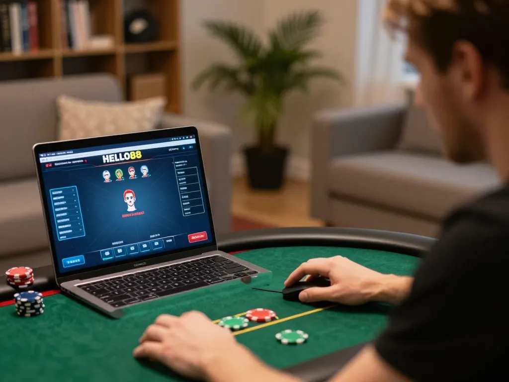 Engaging with HELLO88 while playing online poker, showcasing strategy and excitement in a cozy setting