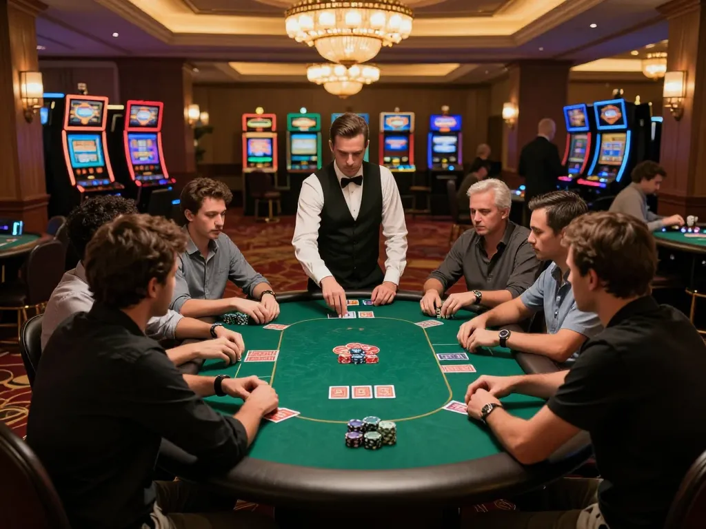 S666link players competing in an intense poker match at a luxurious casino with colorful chips.