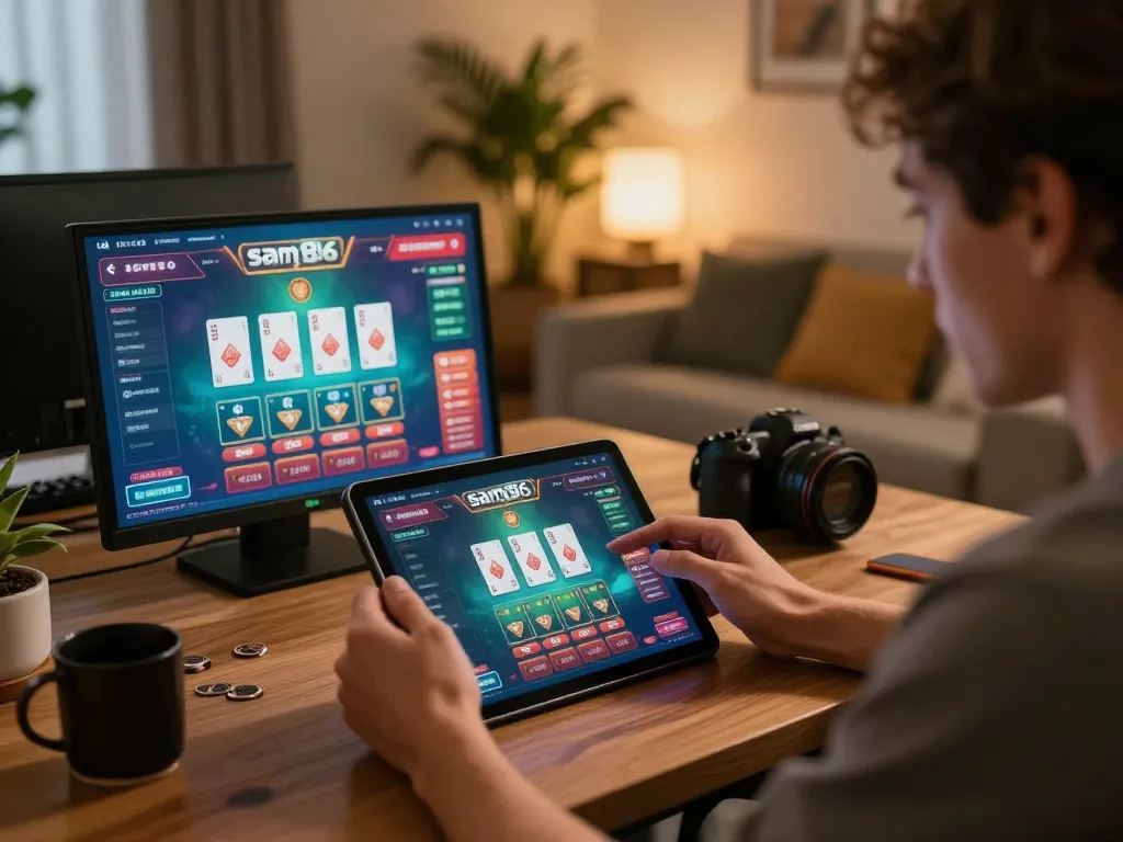 Player enjoying sam86 online gaming on a tablet in a cozy home setting, showcasing cards and betting.