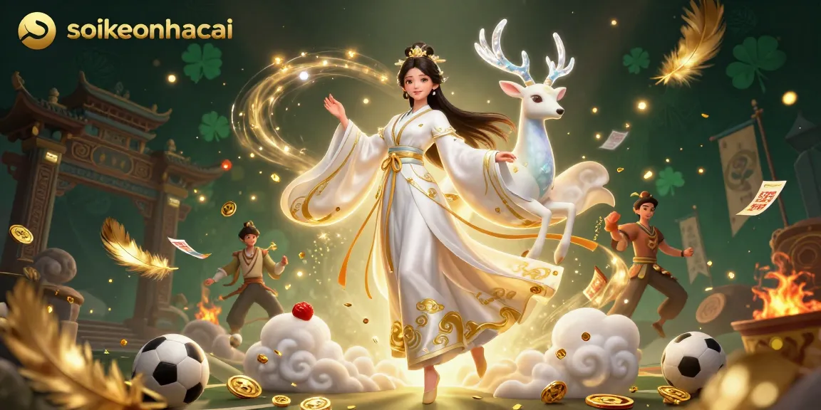 Experience dynamic sports betting action with soikeonhacai, featuring an ethereal Asian woman in a modern hanfu amidst glowing elements.
