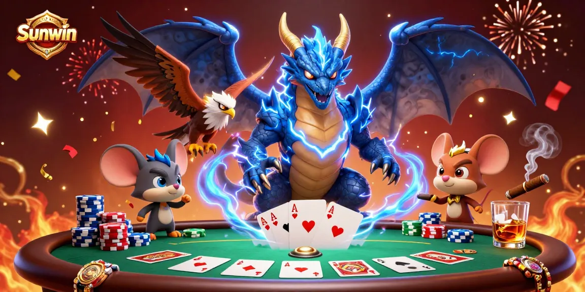 Win big with Sunwin at a lively casino scene filled with poker cards and colorful chips.