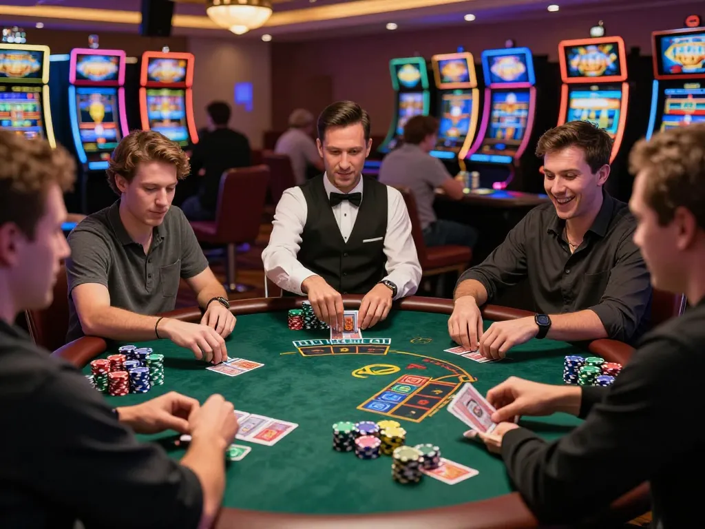 Players engaging at the blackjack table in a debet casino, showcasing strategic moves with focused expressions.