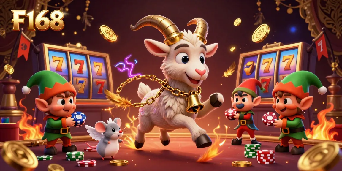 Engage with F168's best online casino fun, featuring a whimsical Krampus goat in a lively gaming scene.