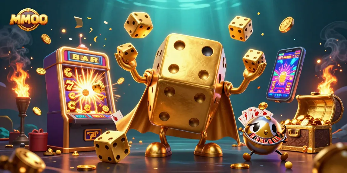 Engage with dynamic MMOO casino action featuring a golden dice golem and jackpot explosion.