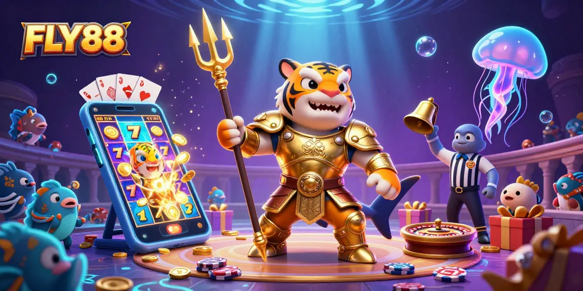 FLY88's thrilling underwater colosseum features a shark champion surrounded by casino games.