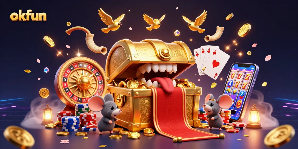 Spin the reels and unlock treasures at okfun's dynamic casino scene featuring golden coins and vibrant poker chips.