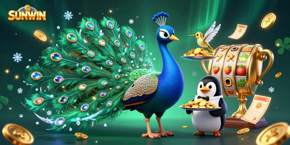 SUNWIN offers an exciting casino experience, filled with vibrant characters, golden chips, and stunning slot machine elements.