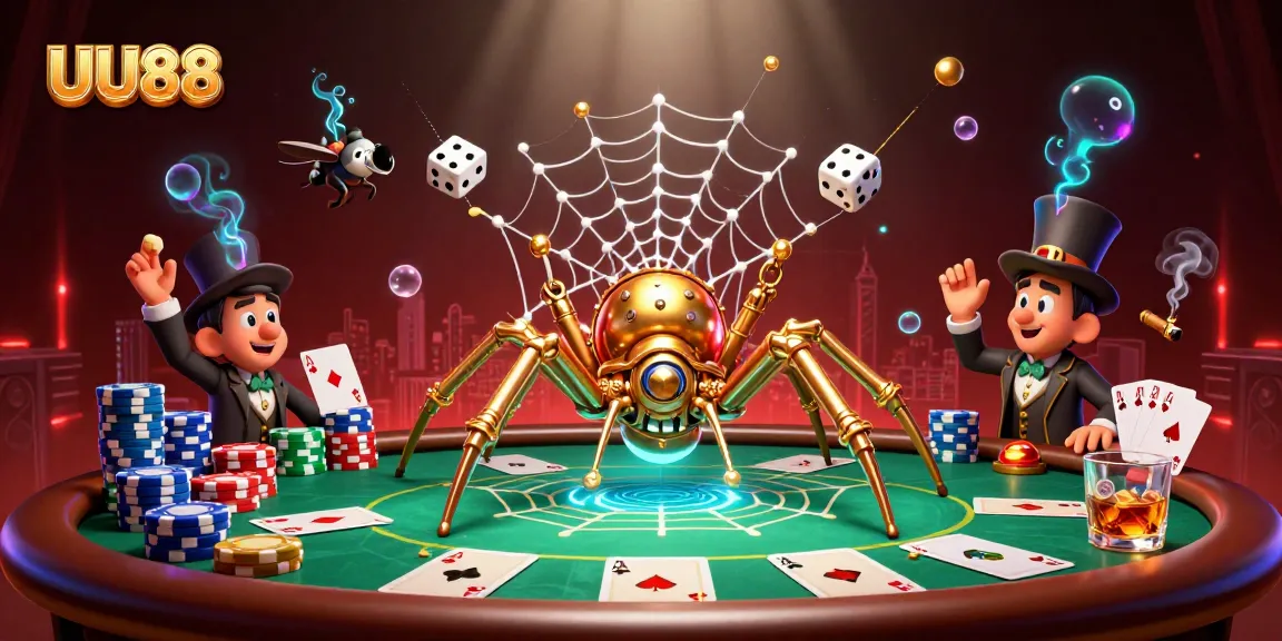 Engage in thrilling games at UU88 with dynamic visuals of a golden spider weaving its web around poker elements.