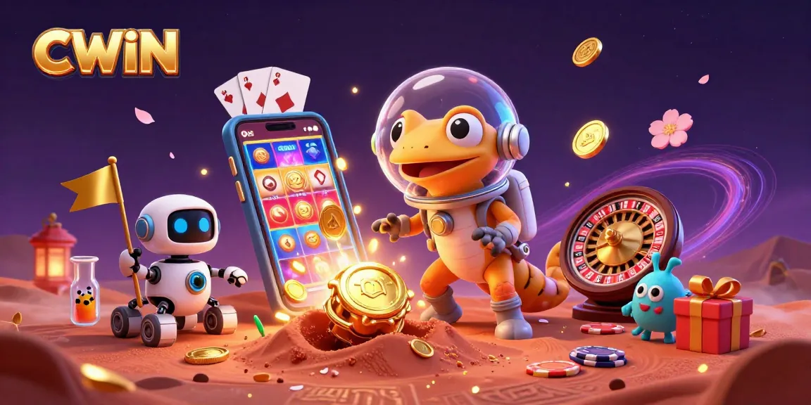 CWIN players exploring a vibrant casino on Mars, surrounded by dynamic game elements and exciting rewards.