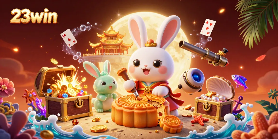 Experience winning with 23win, a 3D illustration of a moon rabbit surrounded by casino elements.