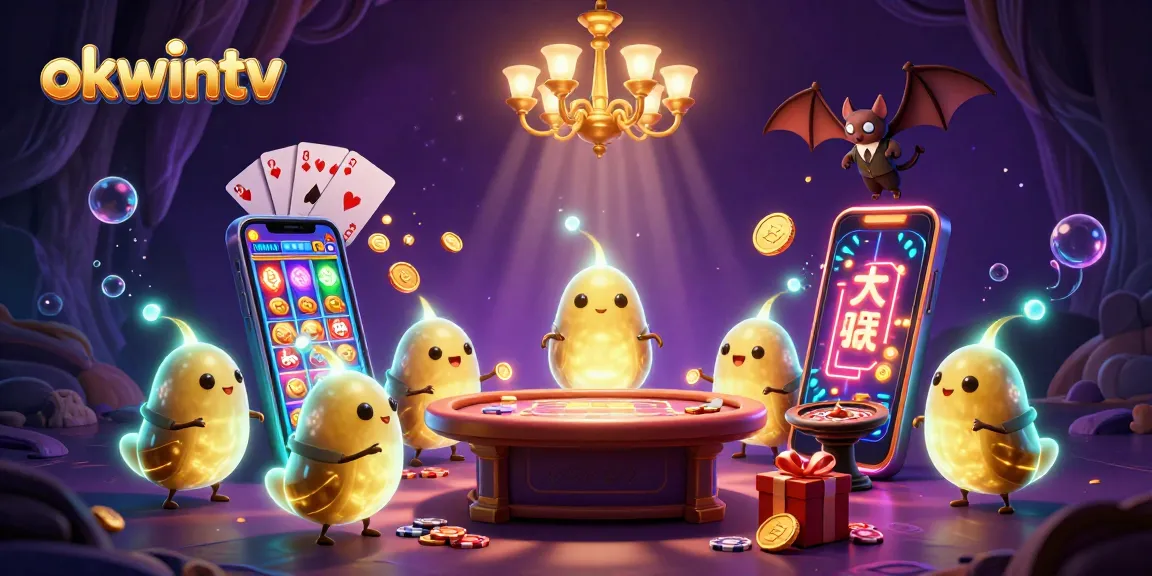 Engage with okwintv's vibrant casino scene featuring glowing characters and exciting gambling elements.