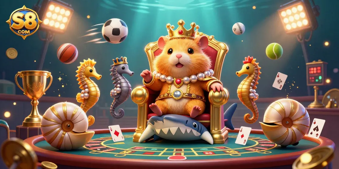 Experience excitement at S8 COM with a golden hamster king in a lively casino scene.