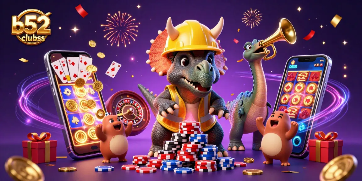 Experience excitement with b52clubss in a vibrant 3D illustration of a triceratops building poker chip towers.