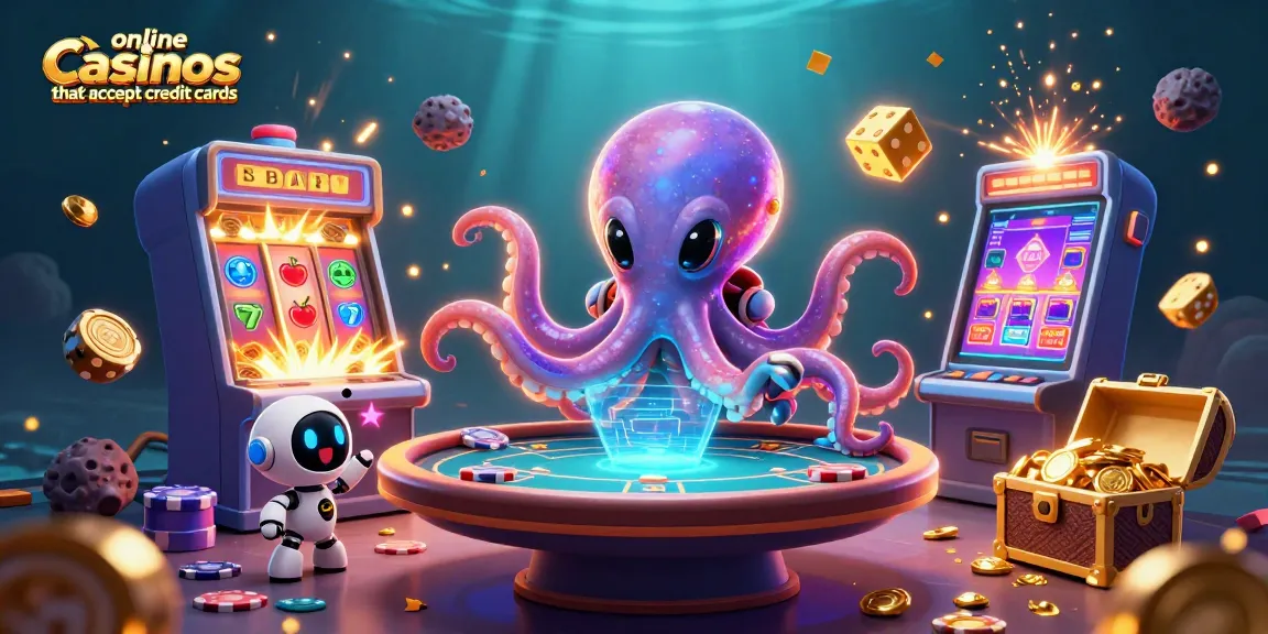 Engage with online casinos that accept credit cards featuring a playful alien octopus at a holographic poker table amid vibrant gaming elements.