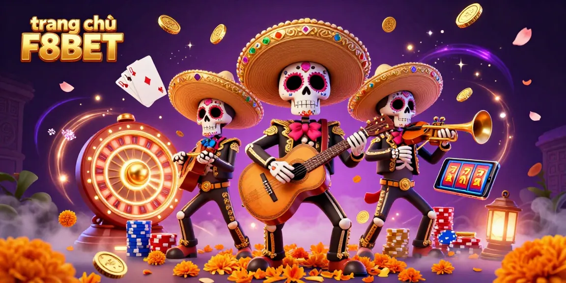 Experience the vibrant scene of trang chủ F8BET with a dynamic Mariachi band, coins, and sparkling gems.