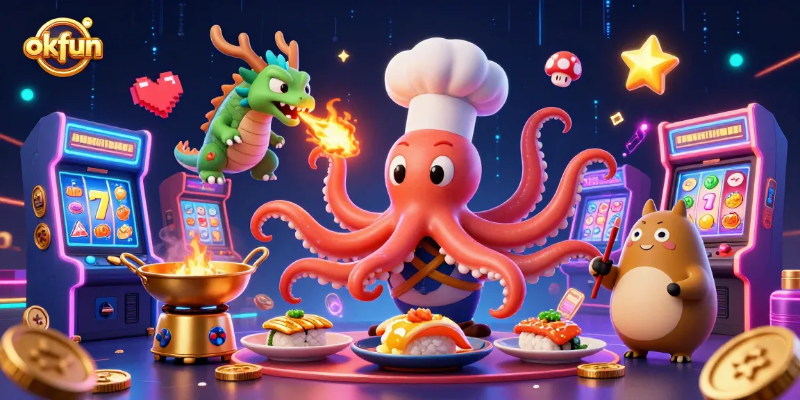 Engage with okfun's vibrant scene featuring animated characters and dynamic casino gaming elements.