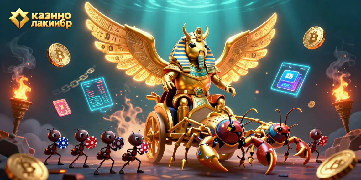 Experience excitement at казино лакибир with a vibrant 3D scene of gaming elements and characters.