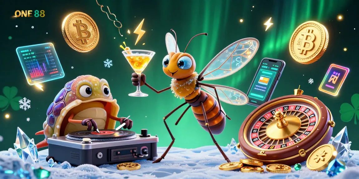 Engage with ONE88's unique gaming experience, featuring a vibrant 3D casino scene with crypto elements.