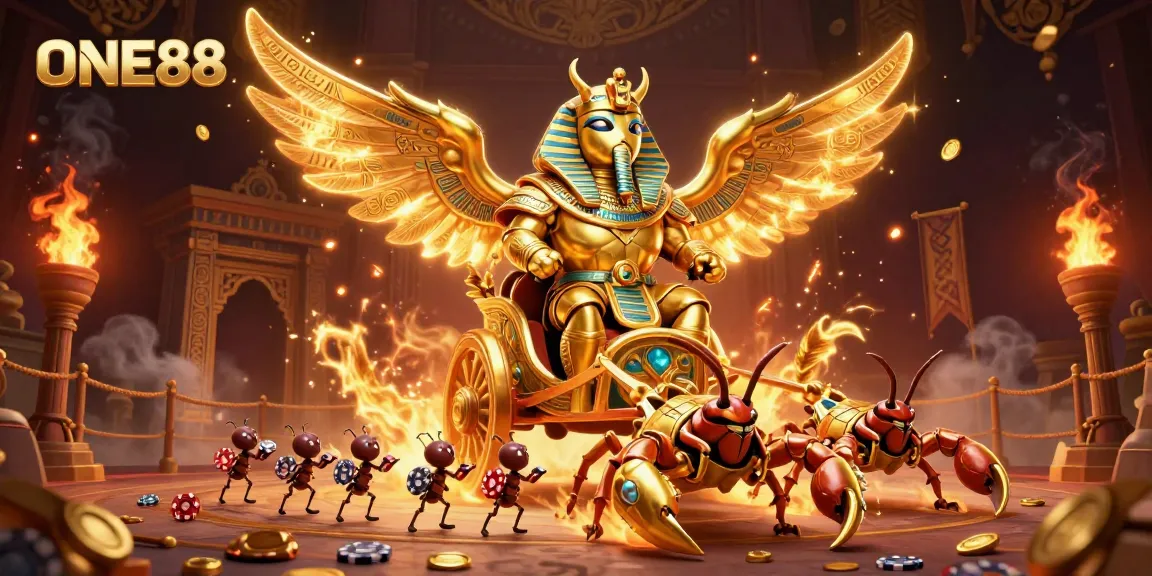 Engage with ONE88's vibrant casino experience featuring a pharaoh armor beetle and scorpion chariot.