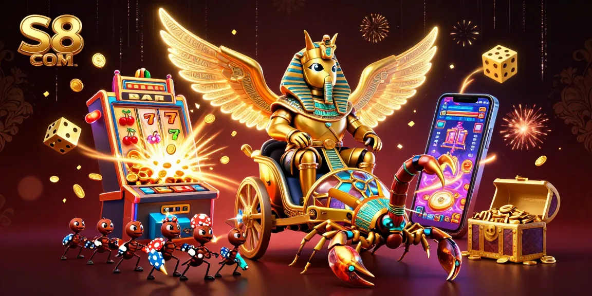 S8 COM casino scene featuring a golden scarab beetle and slot machine bursting with jackpot coins