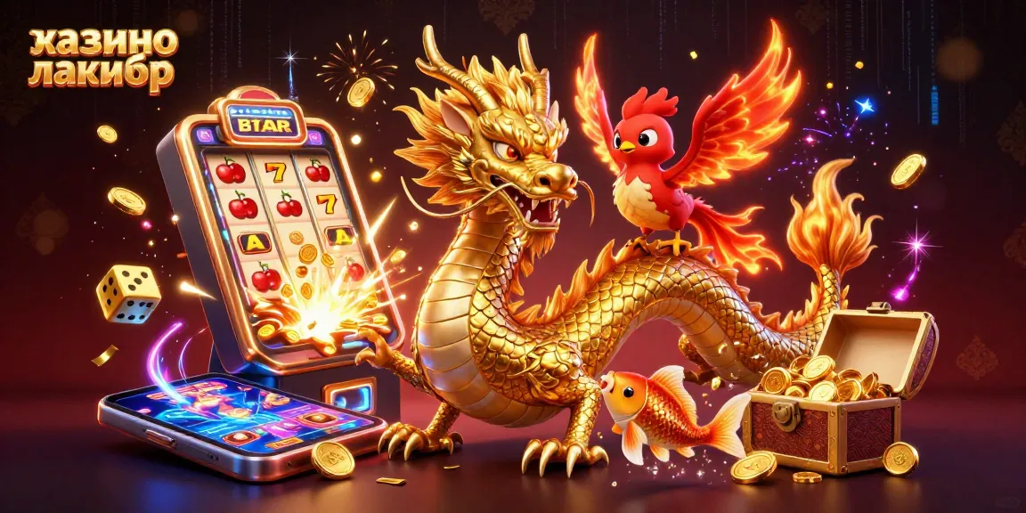 Play exciting games at казино лакибир with a vibrant scene featuring a dragon and winning symbols.