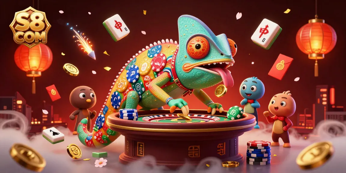 Experience the vibrant world of S8 COM with colorful casino themes in a dynamic 3D illustration.