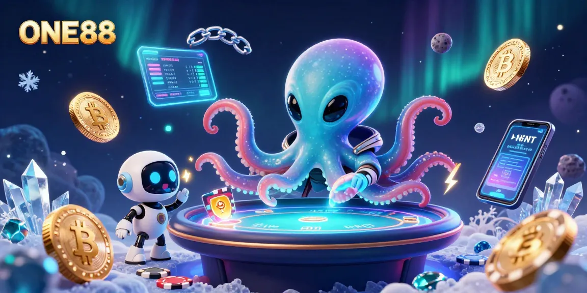 Engage with ONE88's vibrant alien-themed casino adventure featuring holographic poker tables and crypto elements.