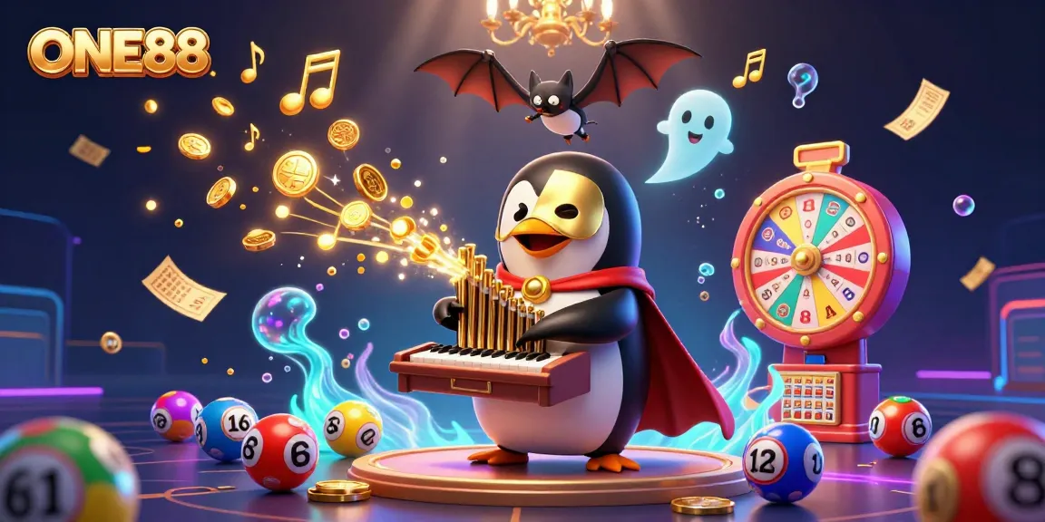 Engage with ONE88's vibrant gaming universe, featuring a penguin playing an organ of golden coins.