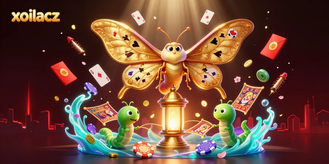Xoilacz showcases a vibrant casino scene with a golden moth and dynamic game elements in a stunning 3D illustration.