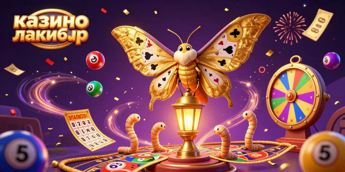 Engage with казино лакибир's vibrant visual experience, featuring animated lottery balls and a stunning moth.